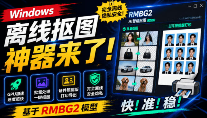 Windows离线抠图神器来了！支持批量抠图+证件照排版打印，基于RMBG2模型，GPU加速方块AI抠图-老吴出海笔记