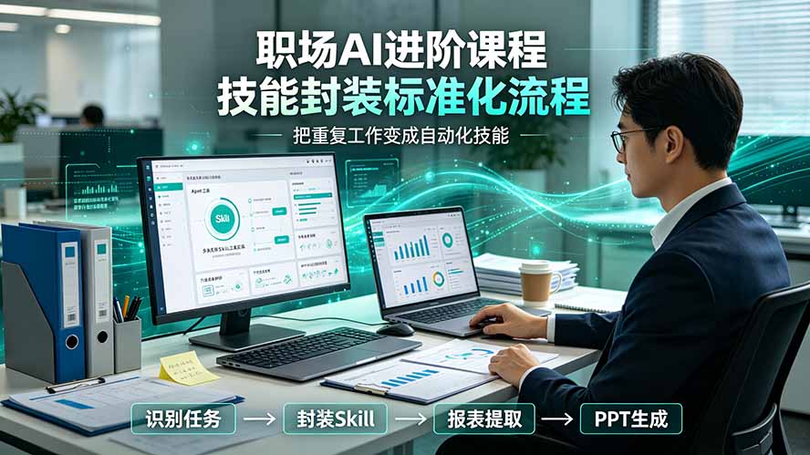 职场AI进阶课程;多类实用Skill工具实操,专属技能封装标准化流程,报表行业报告一键提取核心内容-老吴出海笔记