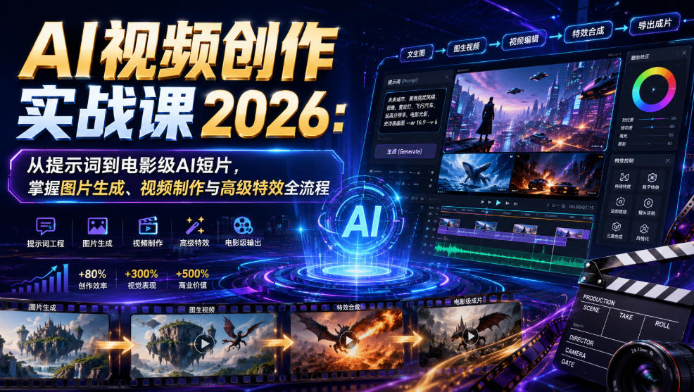 AI视频创作实战课2026:从提示词到电影级AI短片,掌握图片生成、视频制作与高级特效全流程-老吴出海笔记