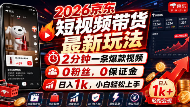 2026京东短视频带货最新玩法，2分钟一条爆款视频，0粉丝，0保证金，日入1k，小白轻松上手【揭秘】-老吴出海笔记