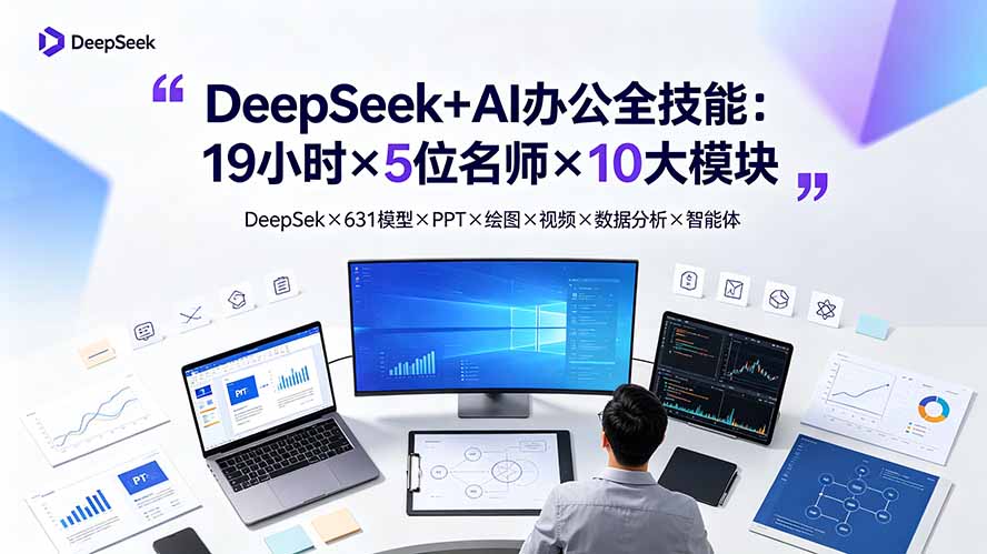 DeepSeek+AI办公全技能:19小时×5位名师×10大模块,DeepSeek×631模型×PPT×绘图×视频×数据分析×智能体-老吴出海笔记