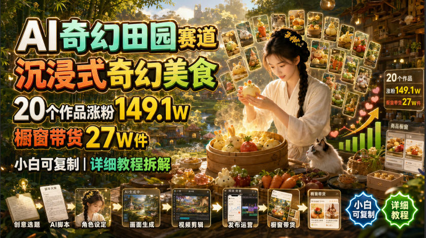 AI奇幻田园赛道，沉浸式奇幻美食，20个作品涨粉149.1W，橱窗带货27W件，小白可复制，详细教程拆解-老吴出海笔记