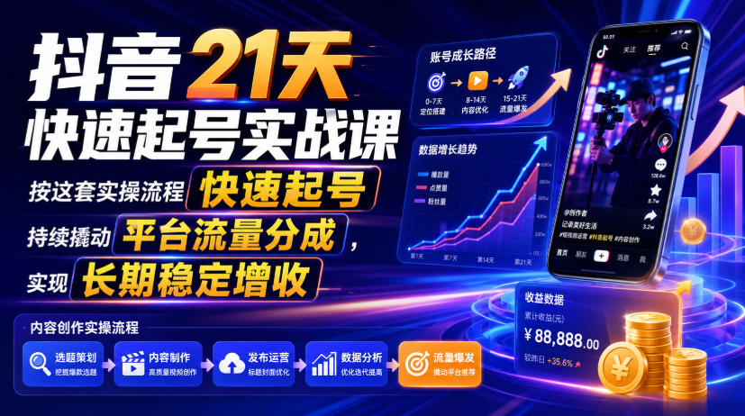 抖音21天快速起号实战课,按这套实操流程快速起号,持续撬动平台流量分成,实现长期稳定增收-老吴出海笔记