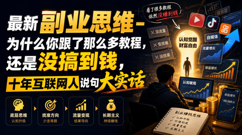 最新副业思维-为什么你跟了那么多教程,还是没搞到钱,十年互联网人说句大实话【揭秘】-老吴出海笔记