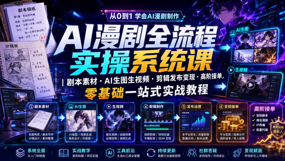 AI漫剧全流程实操系统课|剧本素材・AI生图生视频・剪辑发布变现・高阶接单,零基础一站式实战教程-老吴出海笔记