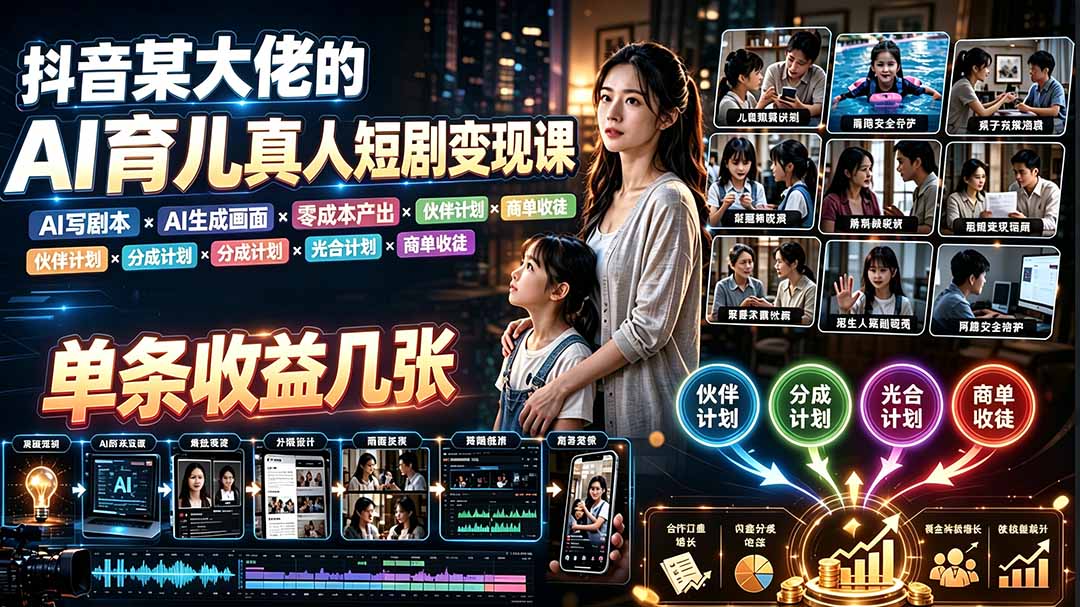 AI育儿真人短剧变现课:AI写剧本×AI生成画面×零成本产出×伙伴计划×分成计划×光合计划×商单收徒-老吴出海笔记