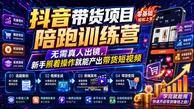 抖音带货项目陪跑训练营,无需真人出镜,新手照着操作就能产出带货短视频-老吴出海笔记