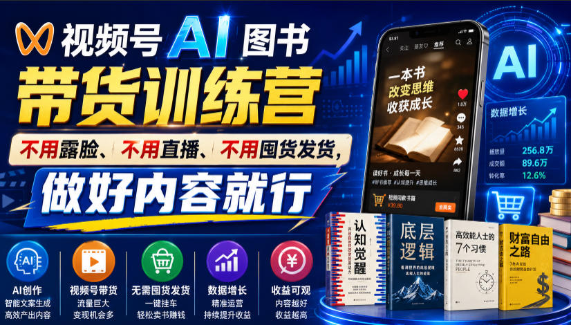 视频号AI图书带货训练营，不用露脸、不用直播、不用囤货发货，做好内容就行，一条爆款视频佣金8942-老吴出海笔记