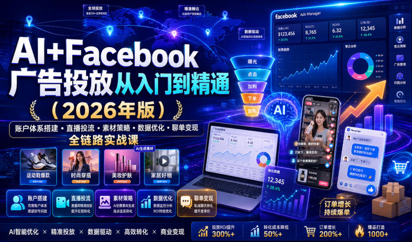 AI+Facebook广告投放从入门到精通(2026年版)|账户体系搭建・直播投流・素材策略・数据优化・聊单变现全链路实战课-老吴出海笔记