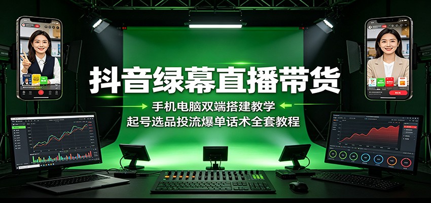 抖音绿幕直播带货：手机电脑双端搭建教学，起号选品投流爆单话术全套教程-老吴出海笔记