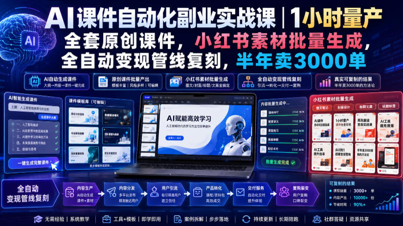 AI课件自动化副业实战课｜1小时量产全套原创课件，小红书素材批量生成，全自动变现管线复刻，半年卖3000单-老吴出海笔记