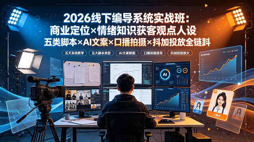 2026线下编导系统实战班：商业定位×情绪知识获客观点人设五类脚本×AI文案×口播拍摄×抖加投放全链路-老吴出海笔记