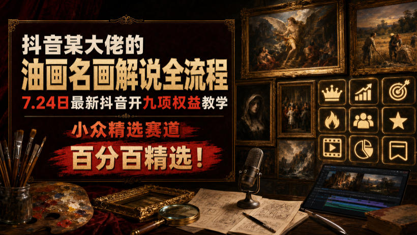 抖音某大佬的油画名画解说全流程，7.24日最新抖音开九项权益教学，小众精选赛道，百分百精选！-老吴出海笔记